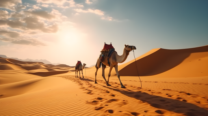 沙漠骆驼与沙丘摄影版权图片下载