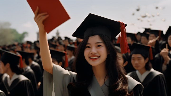 毕业典礼现场女生手持毕业帽摄影版权图片下载