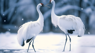 雪中两只白鹤摄影图片