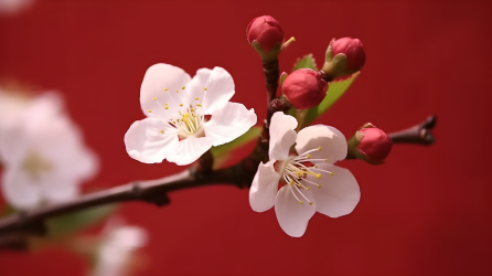 红色背景中移动的白花樱树摄影图片