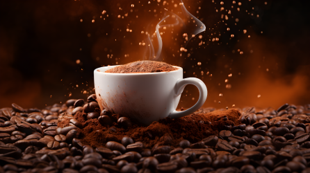 炸裂色彩的咖啡杯与咖啡豆摄影图