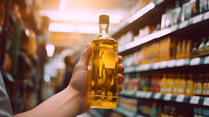超市里的琥珀金色油瓶摄影版权图片下载