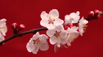 樱花树白花在红色背景下摆动的摄影图片