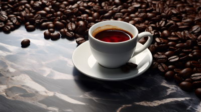 浓情激烈咖啡杯坐落在咖啡豆上的摄影图片
