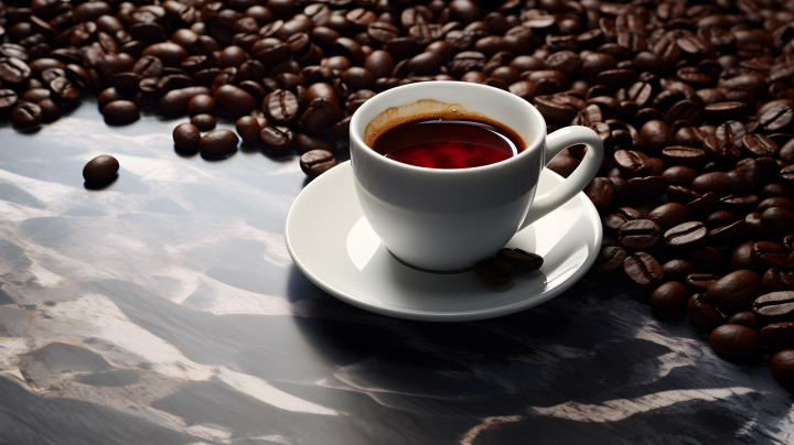 浓情激烈咖啡杯坐落在咖啡豆上的摄影版权图片下载