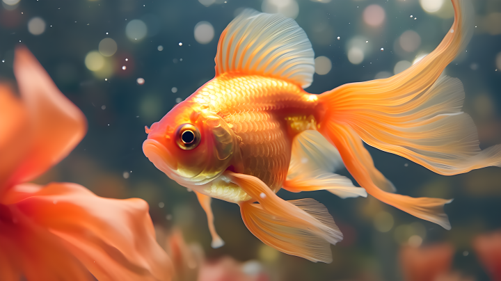 金鱼游动在花旁逼真动物肖像摄影图版权图片下载
