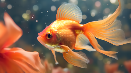 金鱼游动在花旁逼真动物肖像摄影图