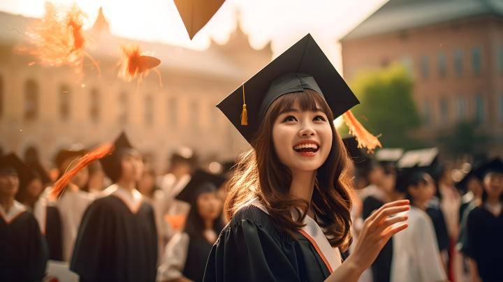 毕业典礼上的年轻女子戴着学士帽摄影图版权图片下载