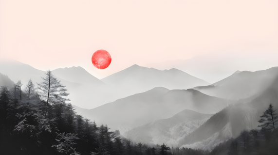 山景与红气球的日本风格摄影图片