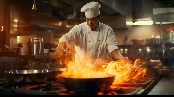 厨师在开放式厨房内烹饪用火制作美食摄影图片