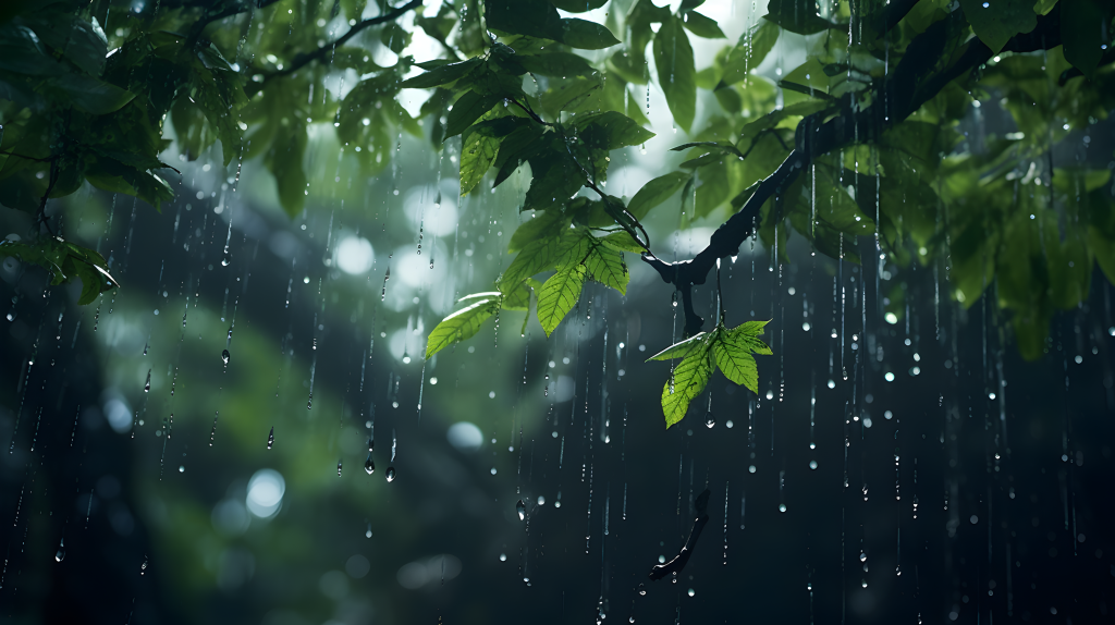 雨水滴在树叶上的摄影图片