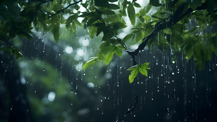 雨水滴在树叶上的摄影版权图片下载