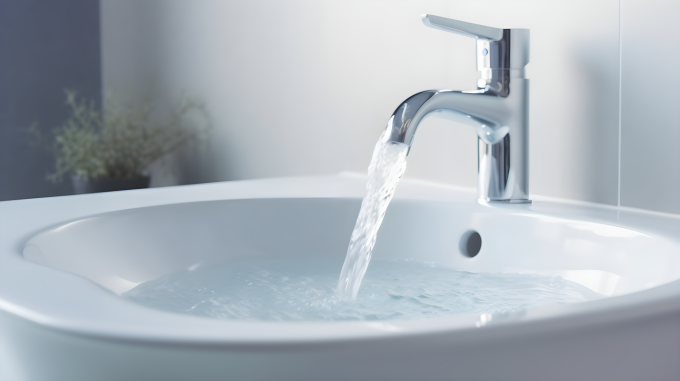 白色陶瓷现代洗手盆配冷水龙头摄影图片