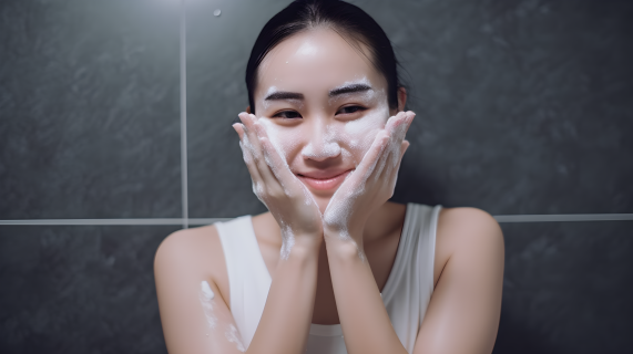 亚洲女性肌肤护理产品使用清洁双手的浴室摄影图片