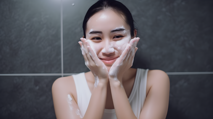亚洲女性肌肤护理产品使用清洁双手的浴室摄影版权图片下载
