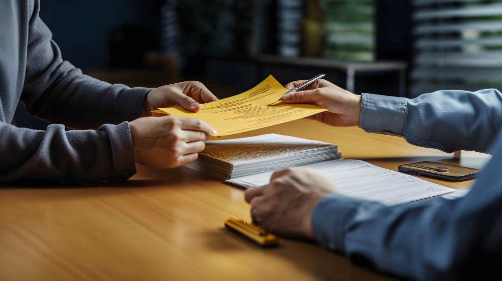 公司领导洽谈交接文件摄影图片