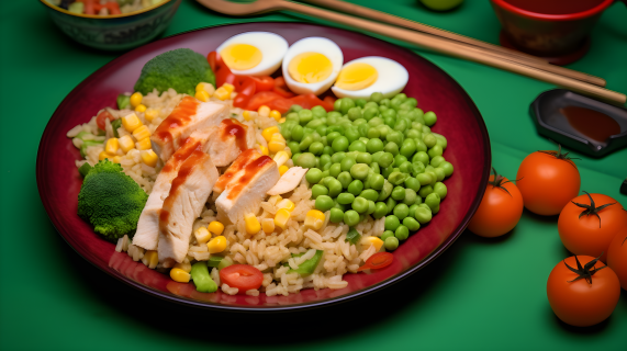 鸡肉炒饭蔬菜豌豆碗式摄影图片