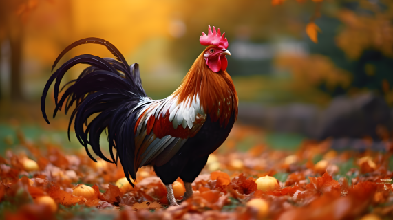 橙黑公鸡与叶子的大胆色彩风格摄影图片