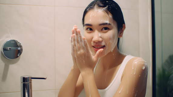 亚洲女性在浴室用清洁手使用护肤产品的摄影图片
