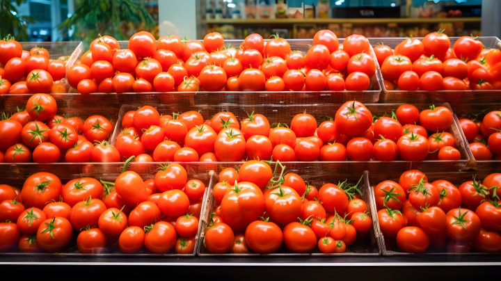 超市柜台上的红番茄摄影版权图片下载
