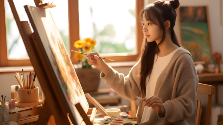 亚洲女性创作家在家工作室中的绘画摄影图版权图片下载