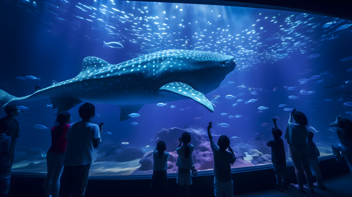 水族馆中观赏鲸鲨的人群摄影版权图片下载