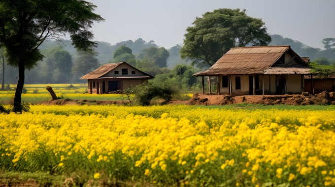 田园怀旧，黄花房屋摄影图