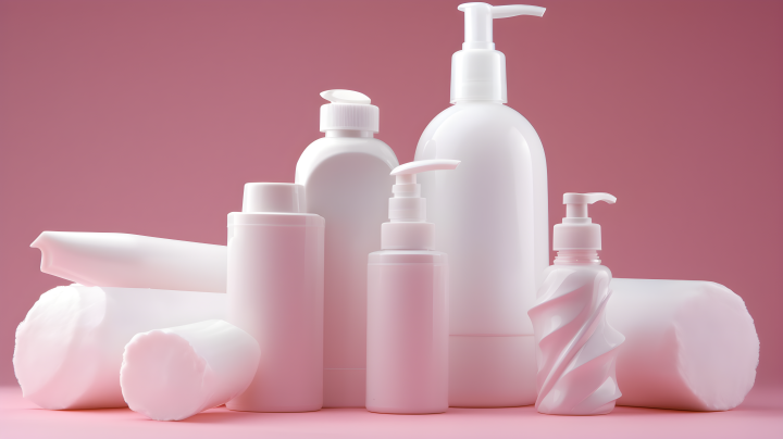 粉红色和洋红色的面霜和肥皂白塑料瓶摄影版权图片下载