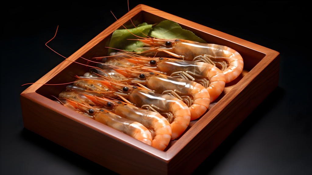 仿钱选风格的火心木盒中的虾摄影版权图片下载