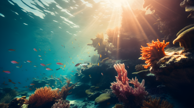 鱼儿在珊瑚下阳光中游动的摄影图片