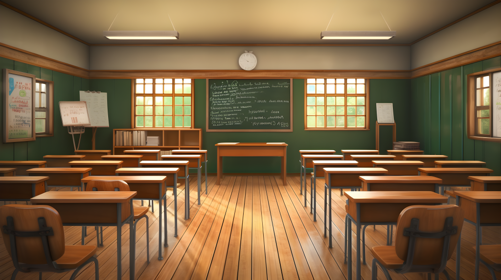 绿色校园中的木质学校桌摄影图片