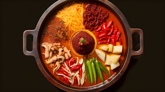 红铜色的韩式火锅和小菜摄影图片