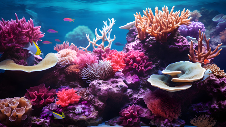 粉蓝风格的珊瑚礁在水族馆展示摄影图版权图片下载
