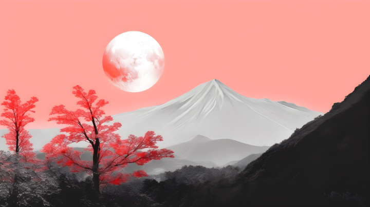 山与橙球的和谐：日式风格黑白摄影图版权图片下载