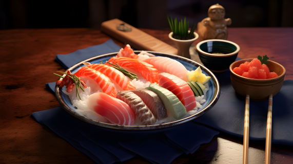 红蓝色西周朝风格的寿司和刺身摄影图片