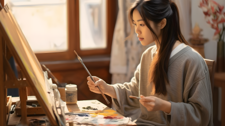 亚洲女性画家在家工作室中创作的绘画风格摄影图