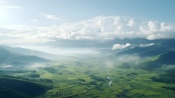 山谷中的乡村景色和云朵摄影图