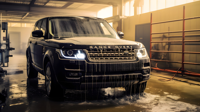 橡胶制的兰德漫洗车在洗车湾中摄影图片