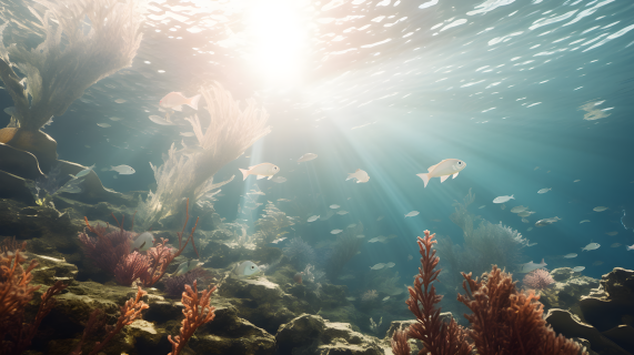 红海珊瑚下的鱼群游动摄影图
