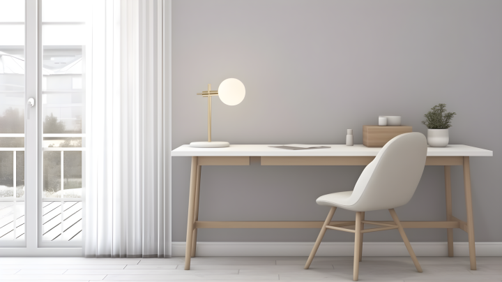 丹麦设计风格的白色桌椅与开放窗户摄影版权图片下载
