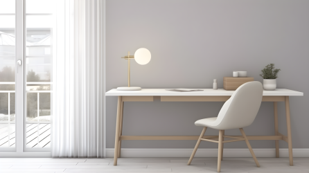 丹麦设计风格的白色桌椅与开放窗户摄影图片