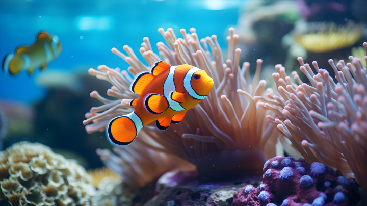 水晶珊瑚礁小丑鱼粉蓝相间的海底摄影版权图片下载
