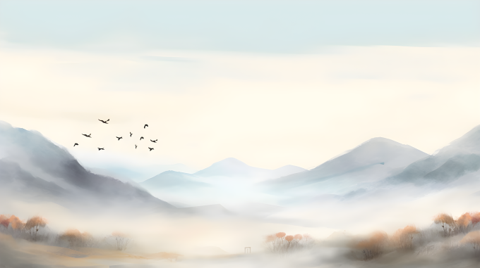 山谷中飞翔的鸟群摄影图