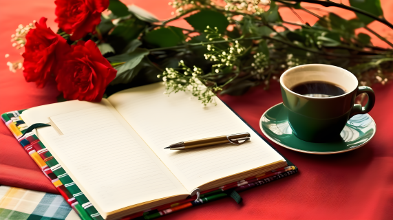 桌上的日记本和笔记本伴随着咖啡杯和鲜花的摄影图