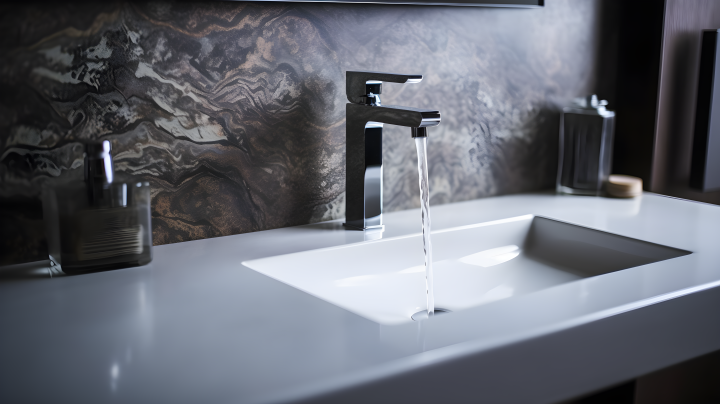 白色浴室洗手盆在瓷砖区域上方摄影图版权图片下载