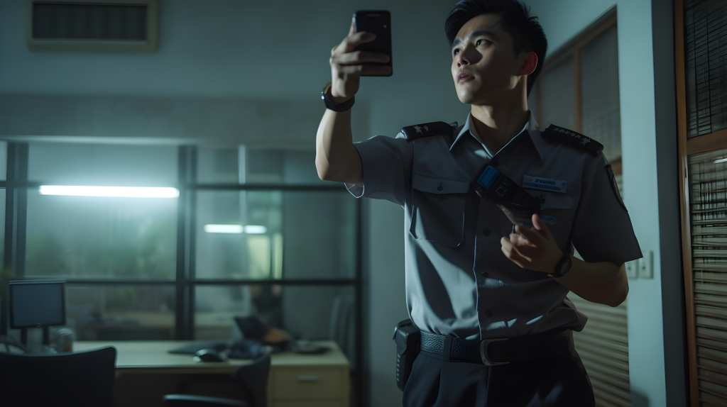年轻警察手持手机窗口闪光摄影图