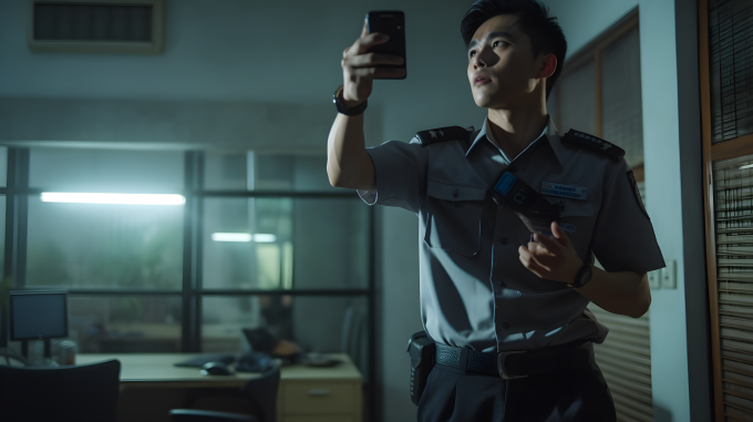 年轻警察手持手机窗口闪光摄影图