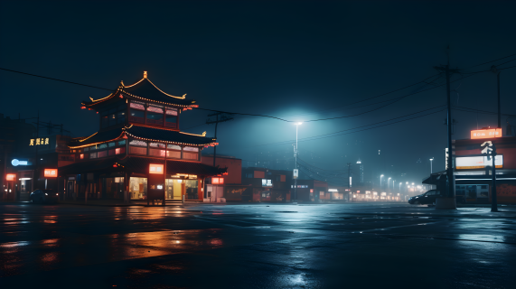 夜晚中国城市的暗青色与浅琥珀色的拍摄