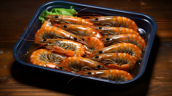饭盒里的油焖大虾摄影图