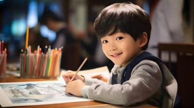 年轻男孩握着铅笔绘画摄影图